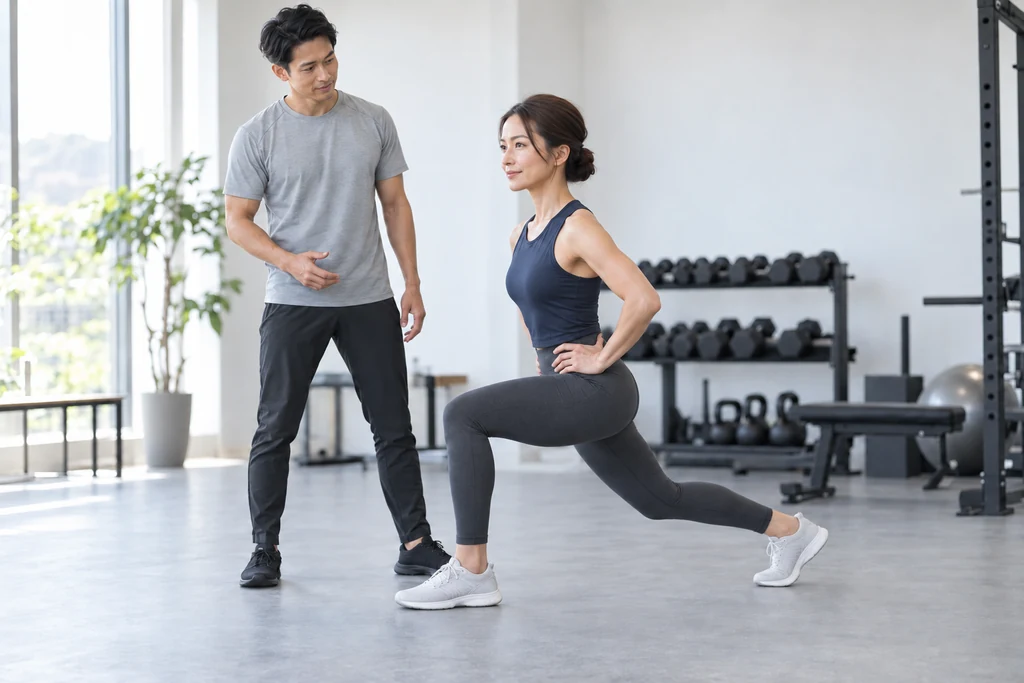 生成イメージ：利用者が自重ランジを行い、トレーナーが見守る指導のイメージ